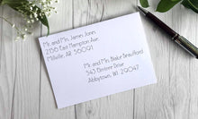 Load image into Gallery viewer, slf art deco single line font on a wedding invitation envelope