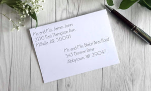 slf art deco single line font on a wedding invitation envelope