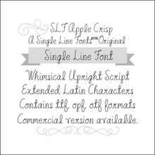 Load image into Gallery viewer, single line font slf apple crisp example. upright script font with extended latin characters in ttf, otf, opf formats.