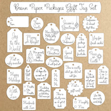 Load image into Gallery viewer, brown paper packages gift tag set svg christmas svg gift tag set download for glowforge silhouette cameo cricut brother scan n cut holiday handwritten single line font hairline monoline engraving cad/cam cnc typeface ttf opf open path fonts hershey text fonts svg fonts 