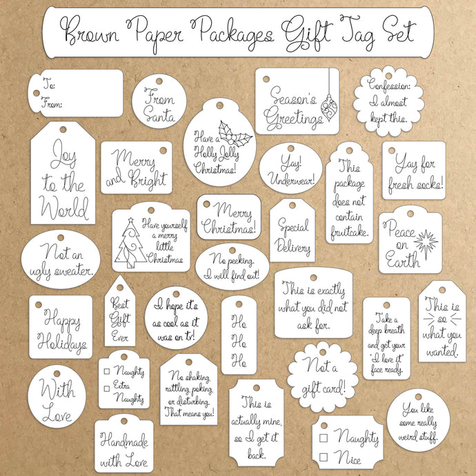 brown paper packages gift tag set svg christmas svg gift tag set download for glowforge silhouette cameo cricut brother scan n cut holiday handwritten single line font hairline monoline engraving cad/cam cnc typeface ttf opf open path fonts hershey text fonts svg fonts 